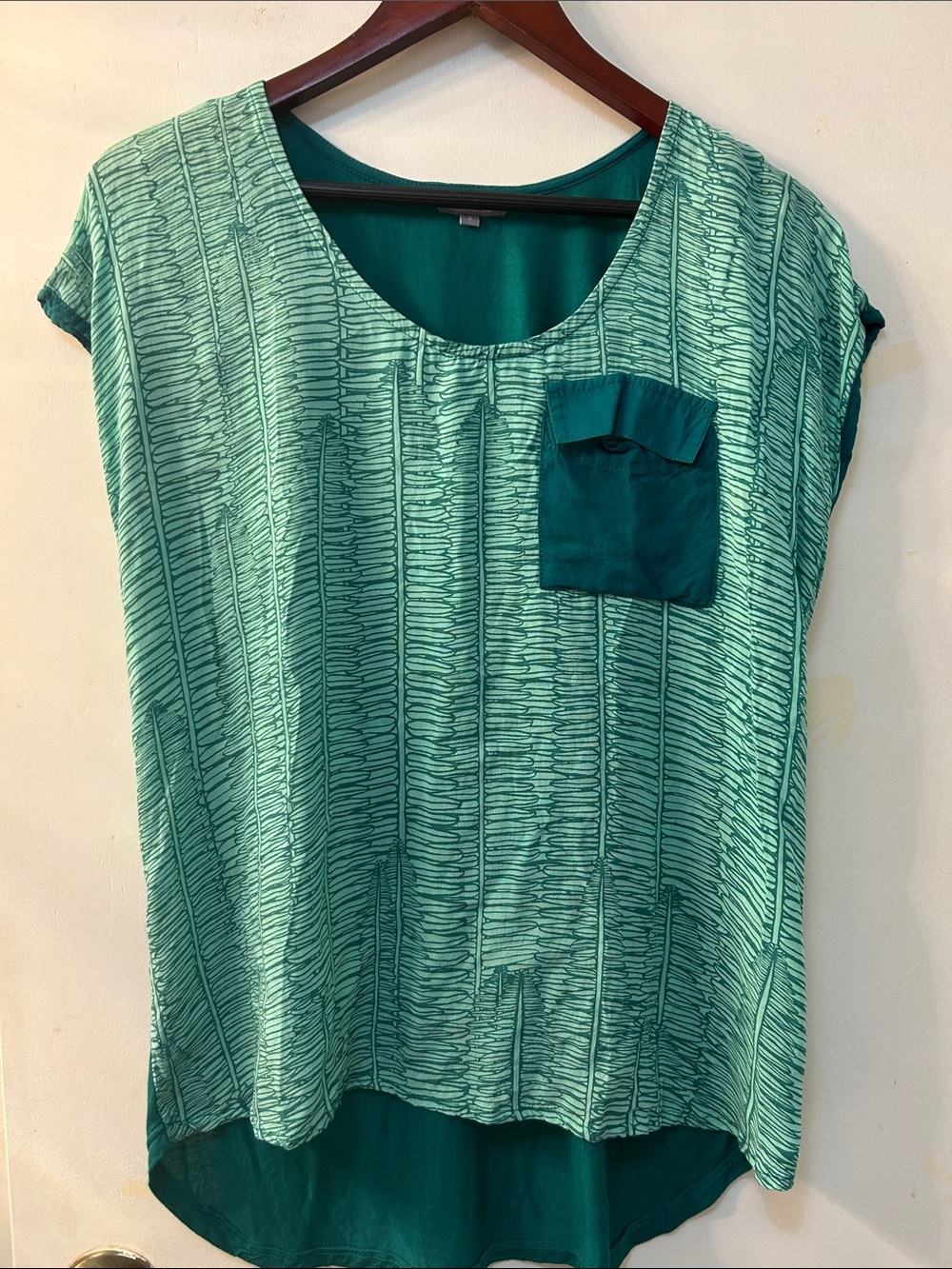Kinolau Manaola Collection Women Sz S Teal Top Hem Blouse Hi-Low Pocket Hawaiian